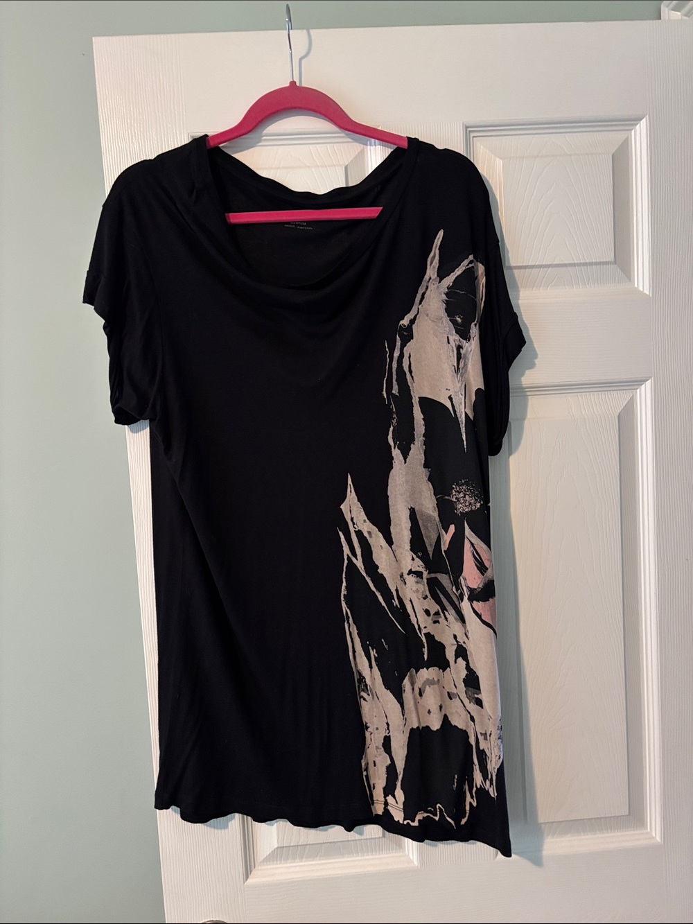 AllSaints Black Short-Sleeve Drape Neck Tee with Abstract Print